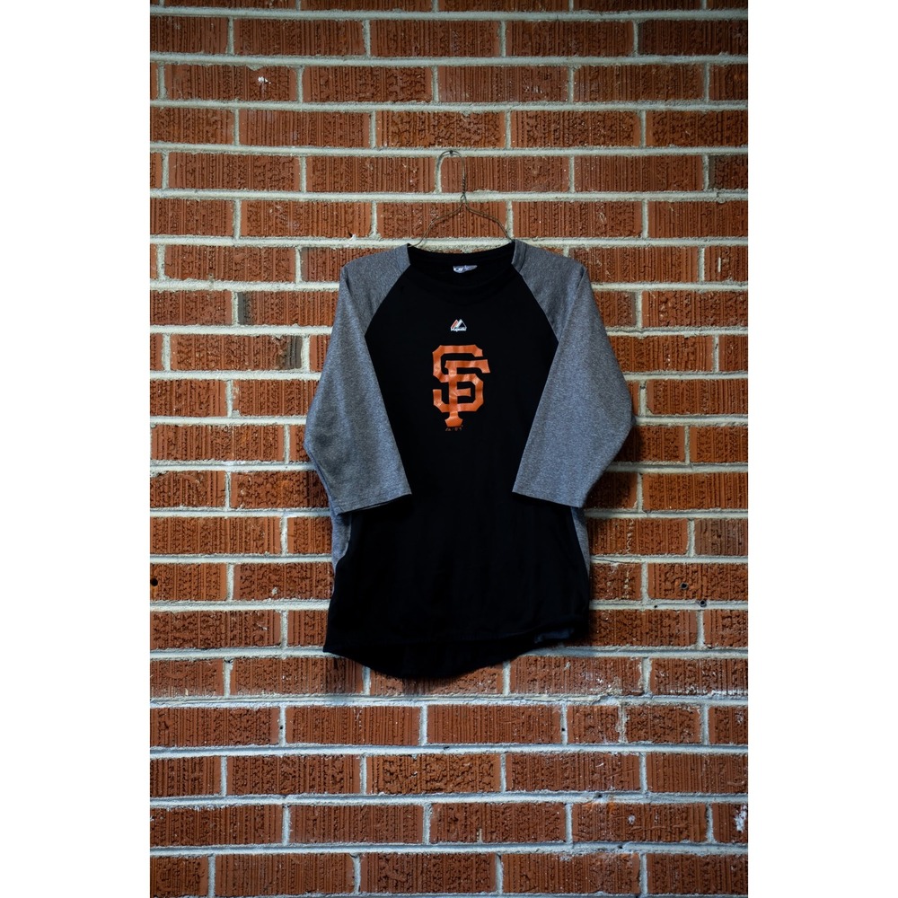 Majestic San Francisco Giants MLB Raglan 3/4 Sleeve Shirt Black Grey Orange SF